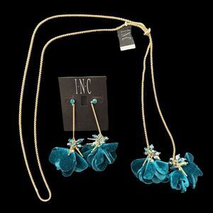 INC International Concepts Teal Jewelry Set Lariat Flower Bolo Necklace Earrings